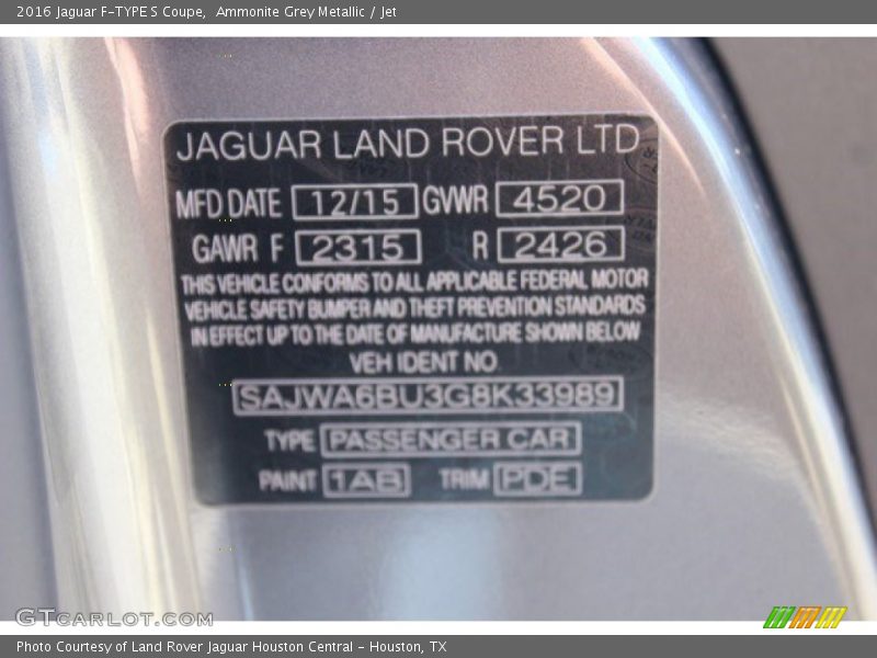 2016 F-TYPE S Coupe Ammonite Grey Metallic Color Code 1AB
