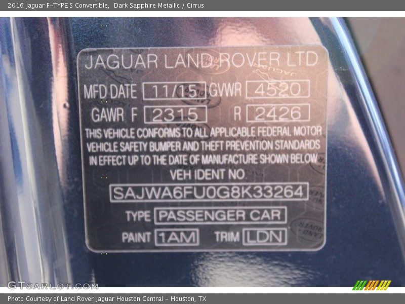 2016 F-TYPE S Convertible Dark Sapphire Metallic Color Code 1AM