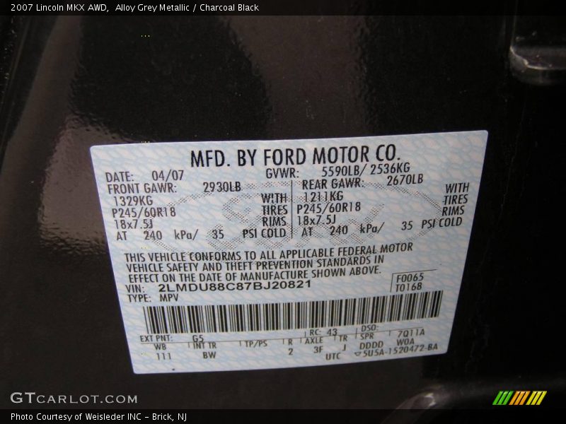 Alloy Grey Metallic / Charcoal Black 2007 Lincoln MKX AWD