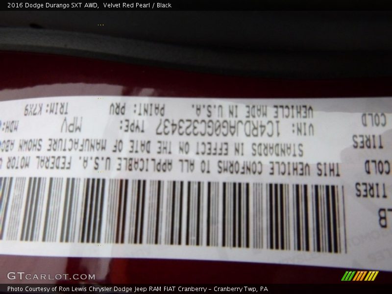 2016 Durango SXT AWD Velvet Red Pearl Color Code PRV
