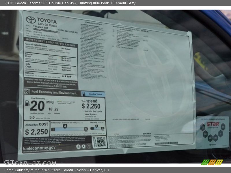 Blazing Blue Pearl / Cement Gray 2016 Toyota Tacoma SR5 Double Cab 4x4