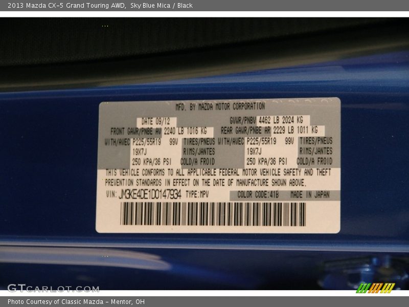 Sky Blue Mica / Black 2013 Mazda CX-5 Grand Touring AWD