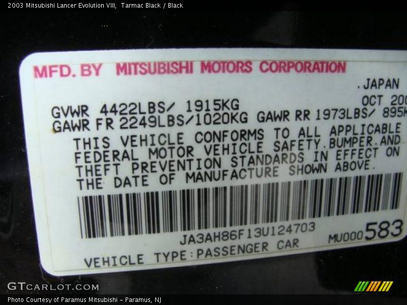 Tarmac Black / Black 2003 Mitsubishi Lancer Evolution VIII