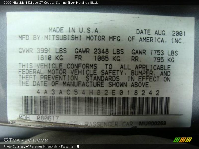Sterling Silver Metallic / Black 2002 Mitsubishi Eclipse GT Coupe