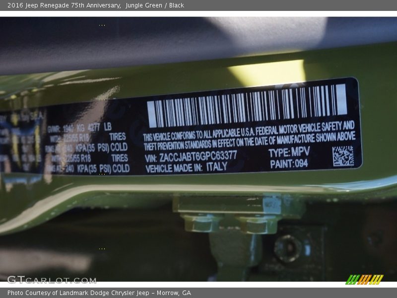 2016 Renegade 75th Anniversary Jungle Green Color Code 094