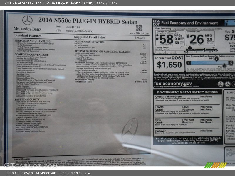  2016 S 550e Plug-In Hybrid Sedan Window Sticker