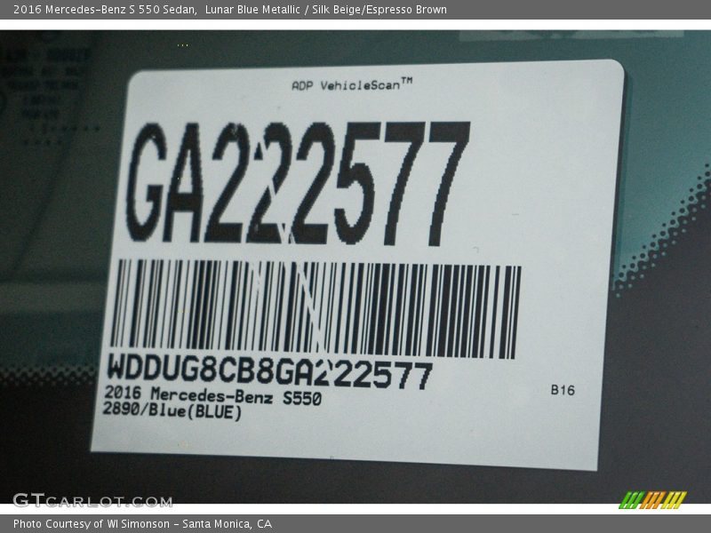 Lunar Blue Metallic / Silk Beige/Espresso Brown 2016 Mercedes-Benz S 550 Sedan