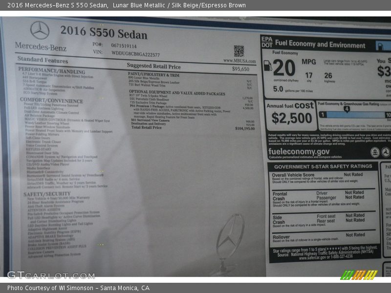Lunar Blue Metallic / Silk Beige/Espresso Brown 2016 Mercedes-Benz S 550 Sedan