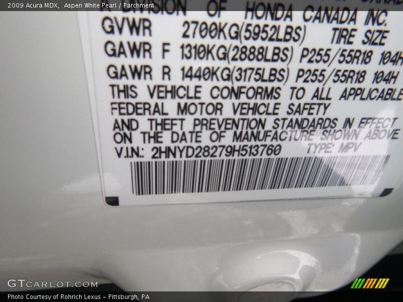 Aspen White Pearl / Parchment 2009 Acura MDX