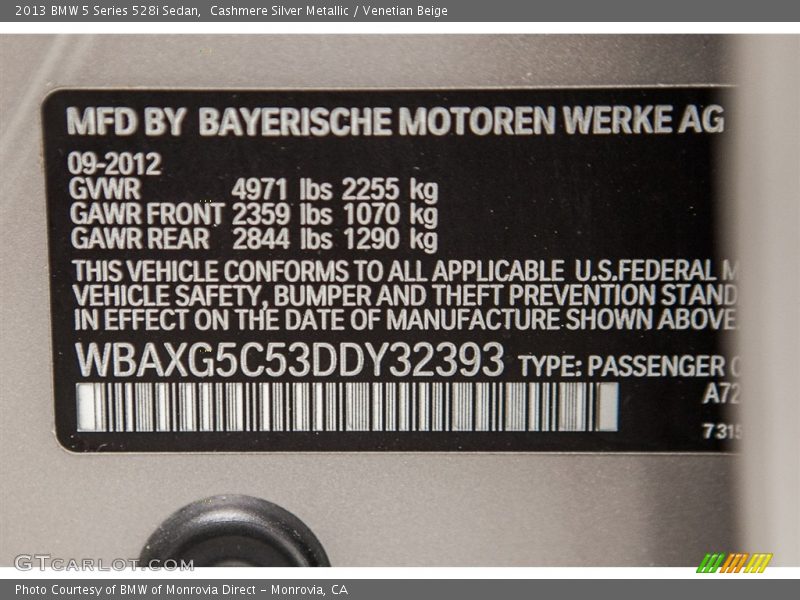 Cashmere Silver Metallic / Venetian Beige 2013 BMW 5 Series 528i Sedan