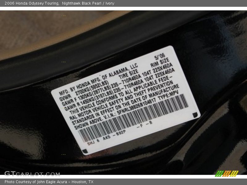 Nighthawk Black Pearl / Ivory 2006 Honda Odyssey Touring