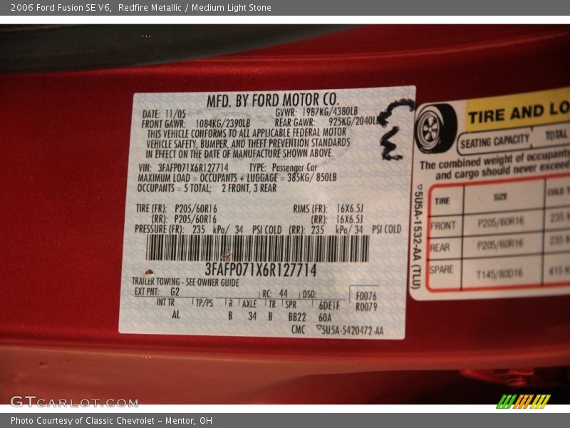 2006 Fusion SE V6 Redfire Metallic Color Code G2