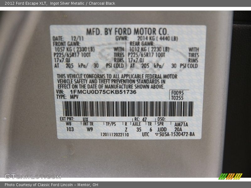 Ingot Silver Metallic / Charcoal Black 2012 Ford Escape XLT