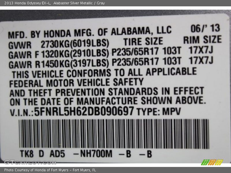 Alabaster Silver Metallic / Gray 2013 Honda Odyssey EX-L