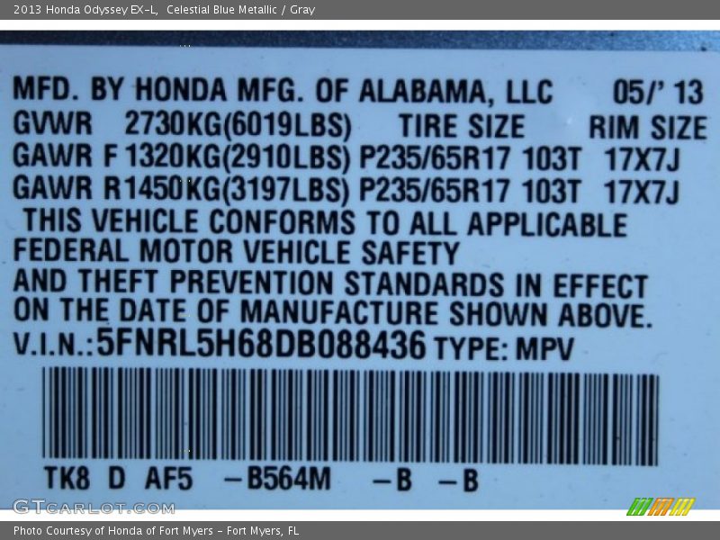 Celestial Blue Metallic / Gray 2013 Honda Odyssey EX-L