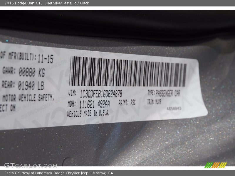 Billet Silver Metallic / Black 2016 Dodge Dart GT