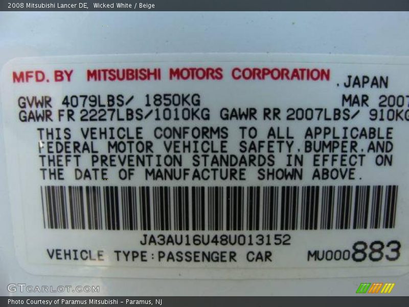 Wicked White / Beige 2008 Mitsubishi Lancer DE