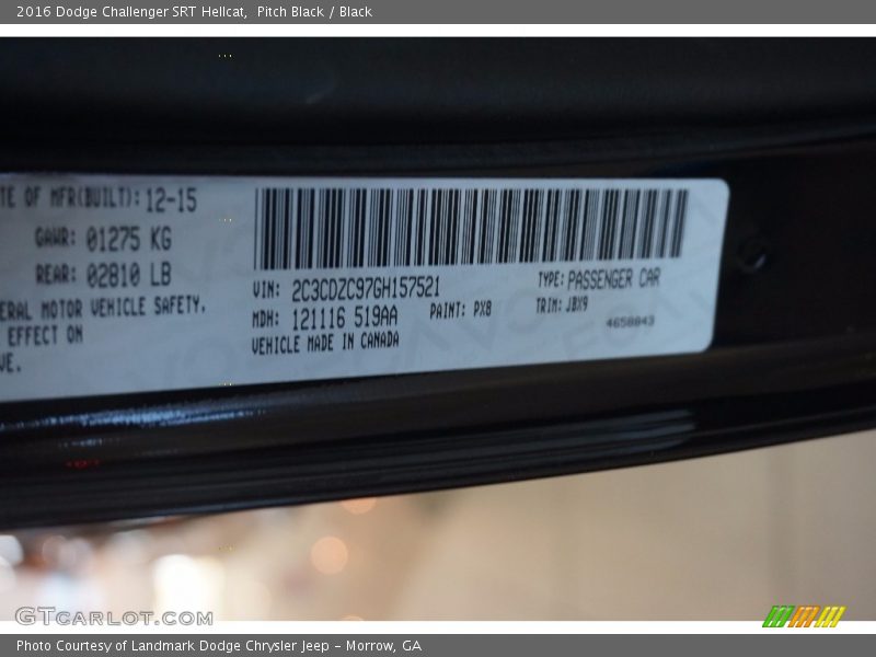 2016 Challenger SRT Hellcat Pitch Black Color Code PX8