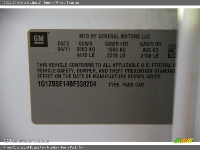 Summit White / Titanium 2011 Chevrolet Malibu LS