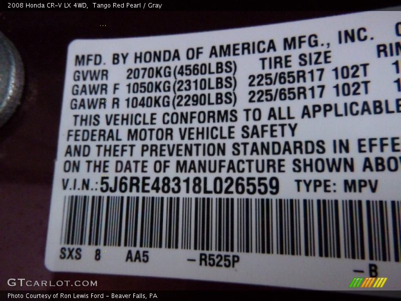 Tango Red Pearl / Gray 2008 Honda CR-V LX 4WD
