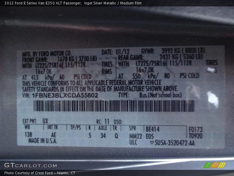 Ingot Silver Metallic / Medium Flint 2012 Ford E Series Van E350 XLT Passenger