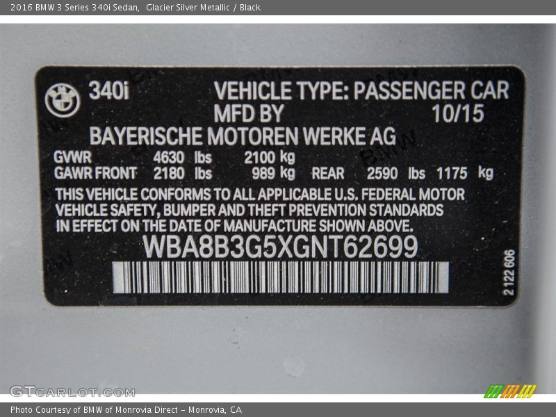 Glacier Silver Metallic / Black 2016 BMW 3 Series 340i Sedan