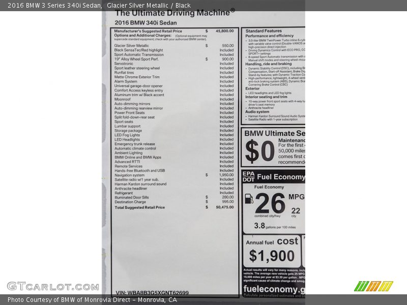  2016 3 Series 340i Sedan Window Sticker