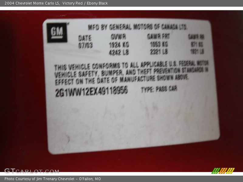 Victory Red / Ebony Black 2004 Chevrolet Monte Carlo LS
