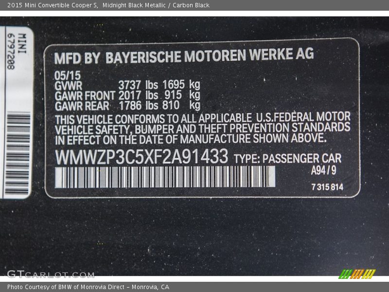 Midnight Black Metallic / Carbon Black 2015 Mini Convertible Cooper S