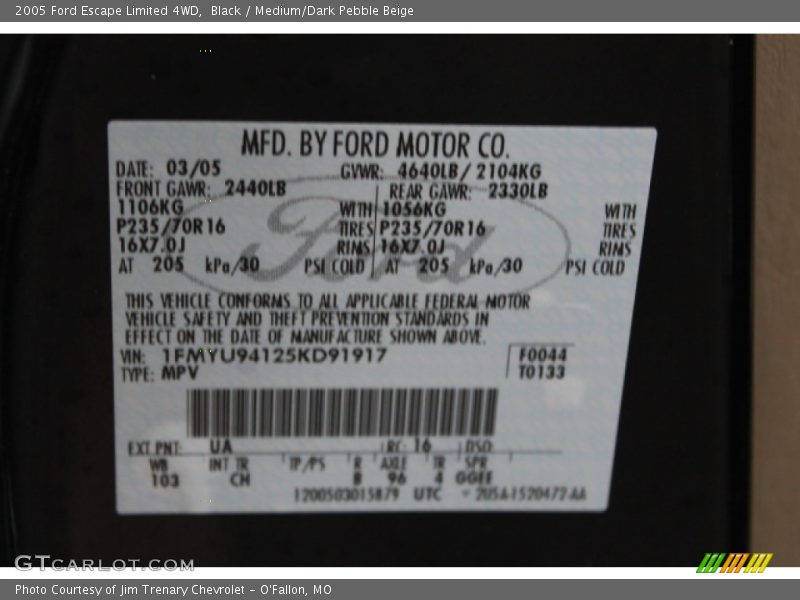 Black / Medium/Dark Pebble Beige 2005 Ford Escape Limited 4WD