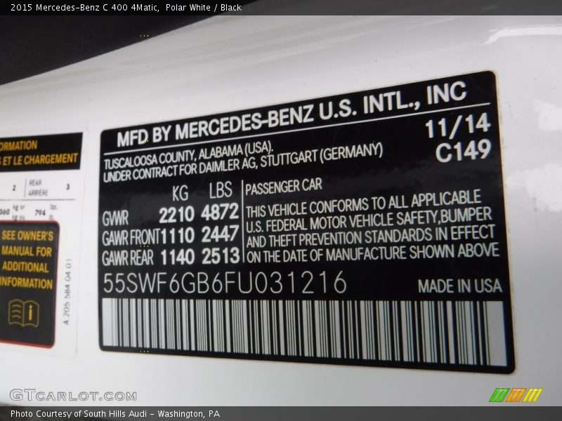 Polar White / Black 2015 Mercedes-Benz C 400 4Matic