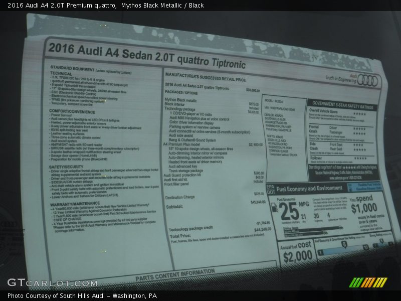  2016 A4 2.0T Premium quattro Window Sticker