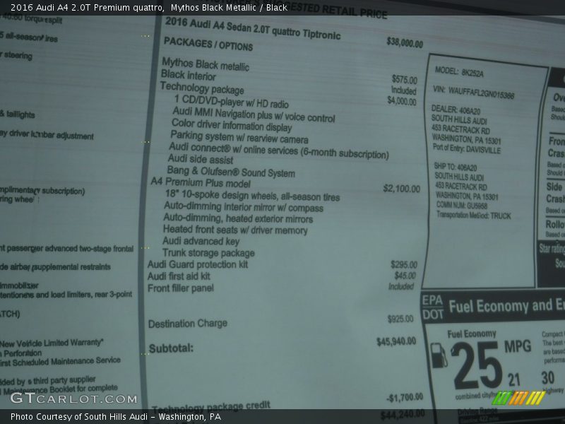  2016 A4 2.0T Premium quattro Window Sticker