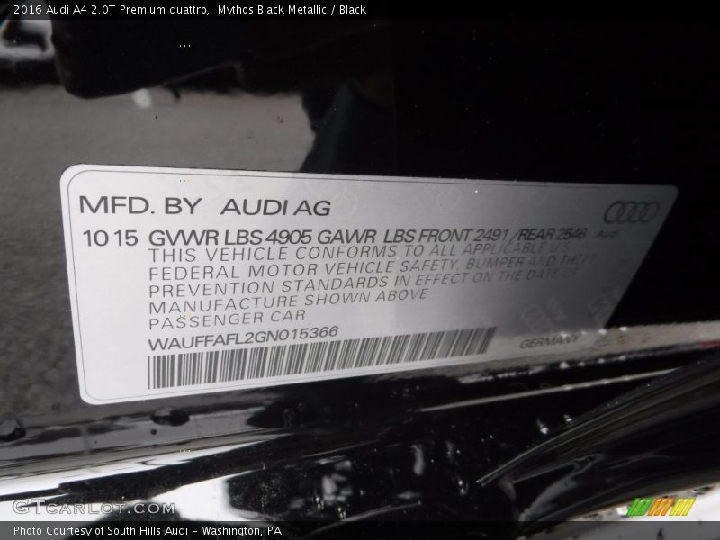Mythos Black Metallic / Black 2016 Audi A4 2.0T Premium quattro
