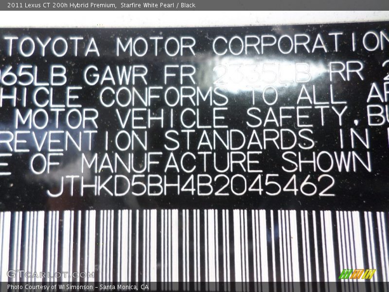 Starfire White Pearl / Black 2011 Lexus CT 200h Hybrid Premium