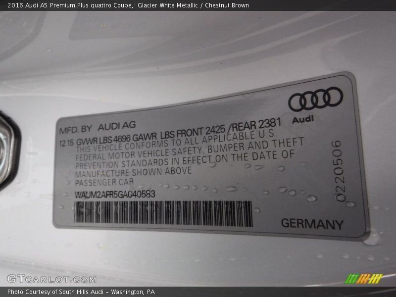 Glacier White Metallic / Chestnut Brown 2016 Audi A5 Premium Plus quattro Coupe