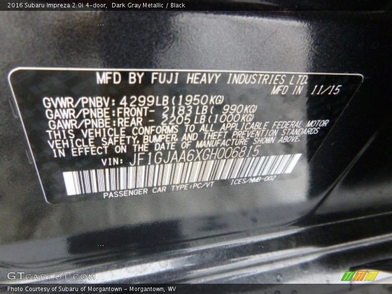 Dark Gray Metallic / Black 2016 Subaru Impreza 2.0i 4-door