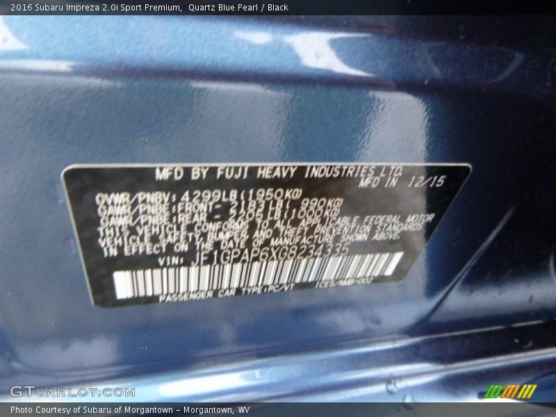 Quartz Blue Pearl / Black 2016 Subaru Impreza 2.0i Sport Premium