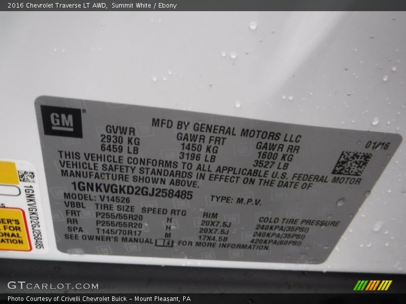 Summit White / Ebony 2016 Chevrolet Traverse LT AWD
