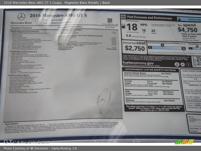  2016 AMG GT S Coupe Window Sticker