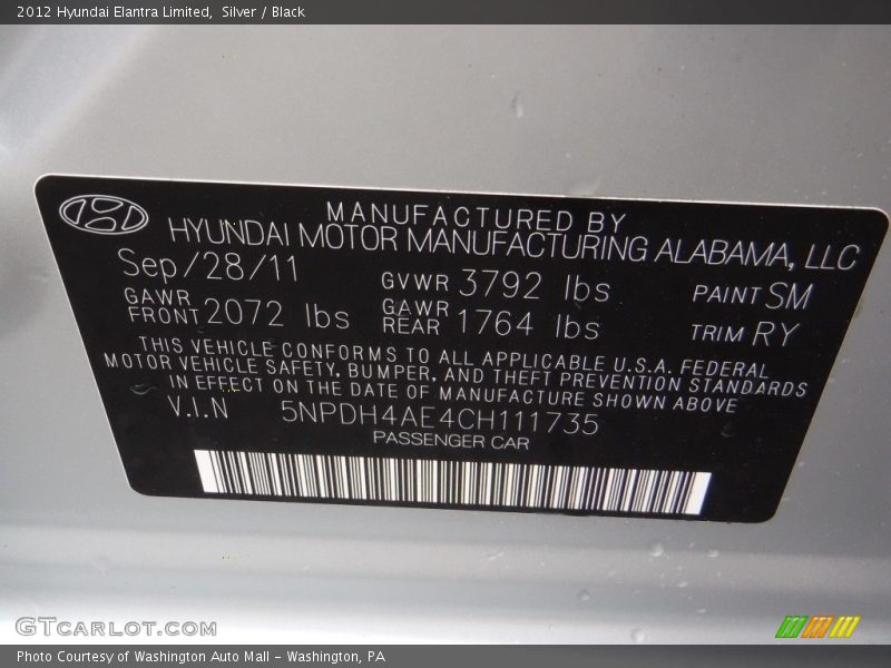 Silver / Black 2012 Hyundai Elantra Limited