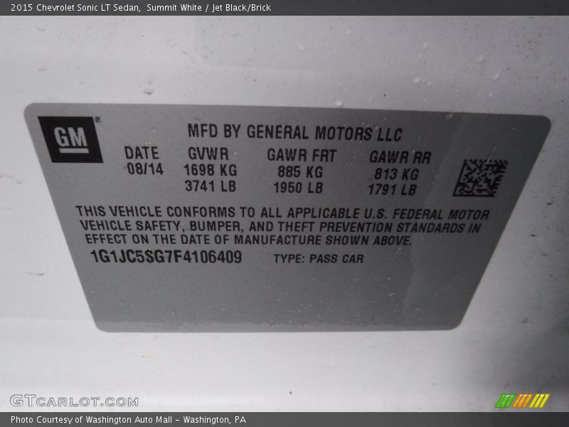 Summit White / Jet Black/Brick 2015 Chevrolet Sonic LT Sedan