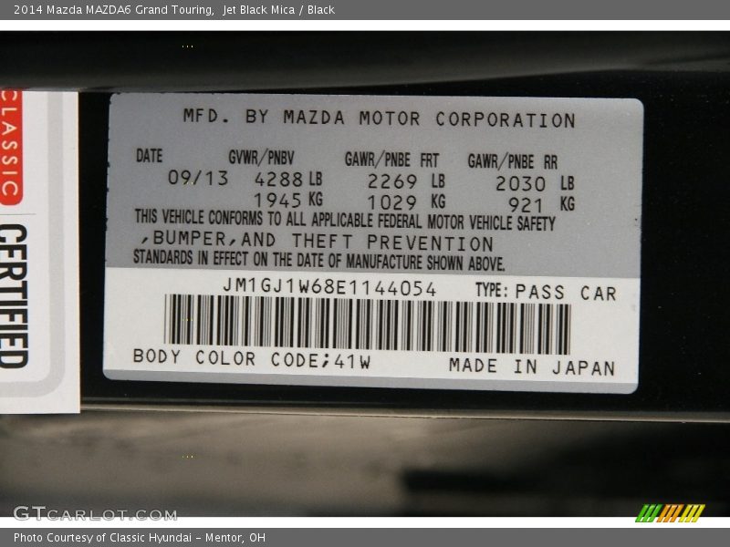 2014 MAZDA6 Grand Touring Jet Black Mica Color Code 41W