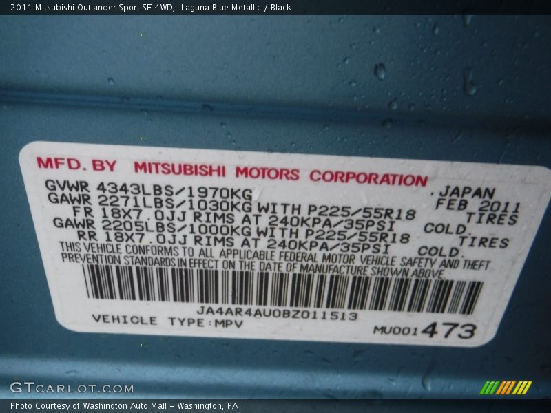 Laguna Blue Metallic / Black 2011 Mitsubishi Outlander Sport SE 4WD