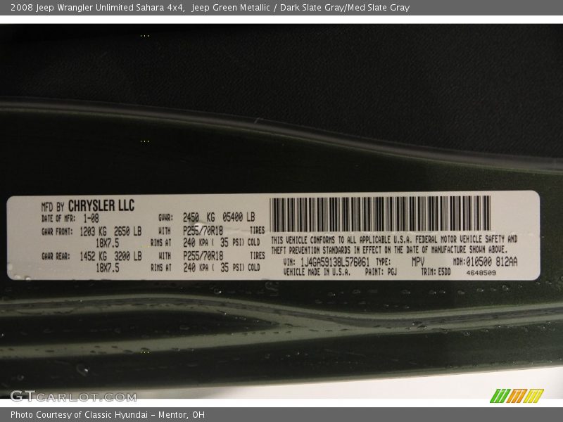 2008 Wrangler Unlimited Sahara 4x4 Jeep Green Metallic Color Code PGJ