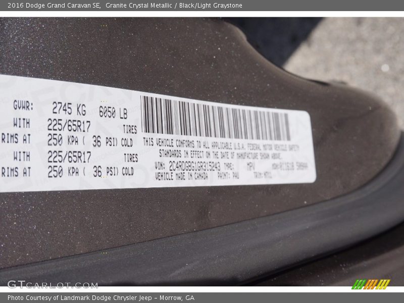 Granite Crystal Metallic / Black/Light Graystone 2016 Dodge Grand Caravan SE