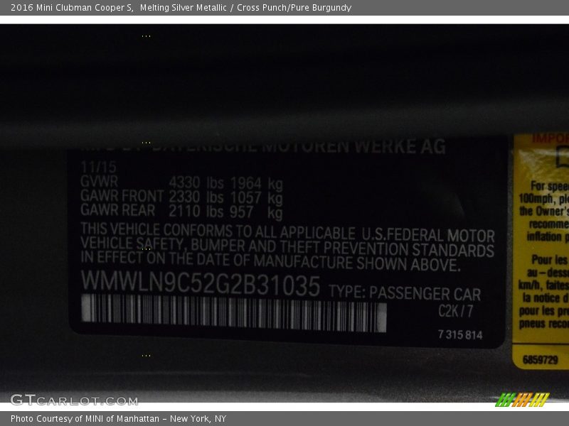 Melting Silver Metallic / Cross Punch/Pure Burgundy 2016 Mini Clubman Cooper S