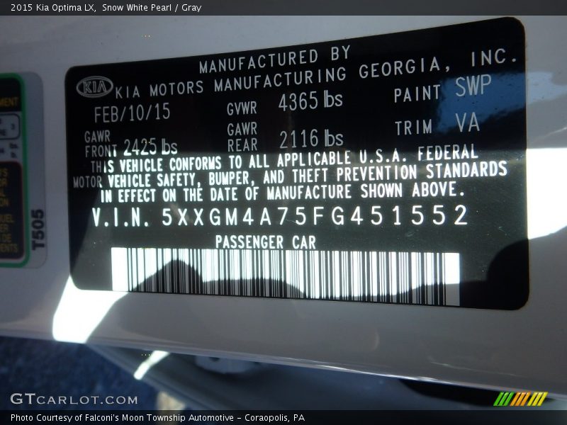 Snow White Pearl / Gray 2015 Kia Optima LX