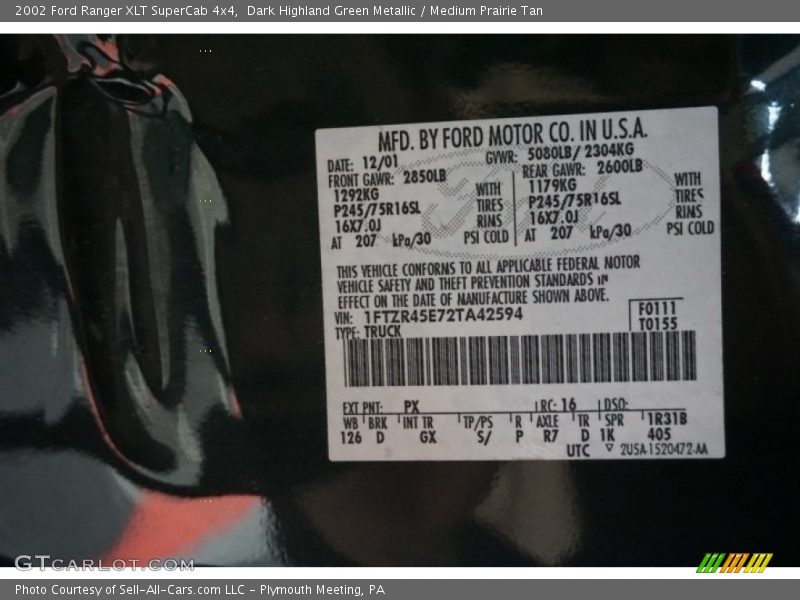 Dark Highland Green Metallic / Medium Prairie Tan 2002 Ford Ranger XLT SuperCab 4x4