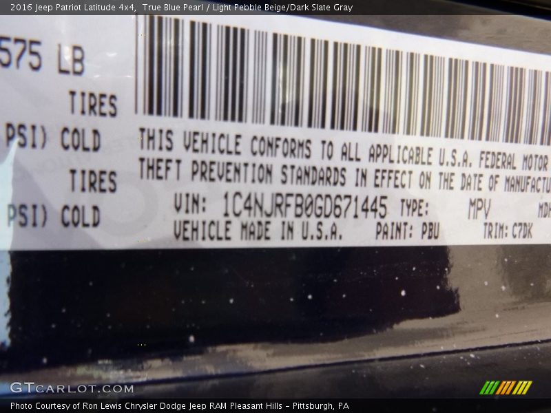 True Blue Pearl / Light Pebble Beige/Dark Slate Gray 2016 Jeep Patriot Latitude 4x4